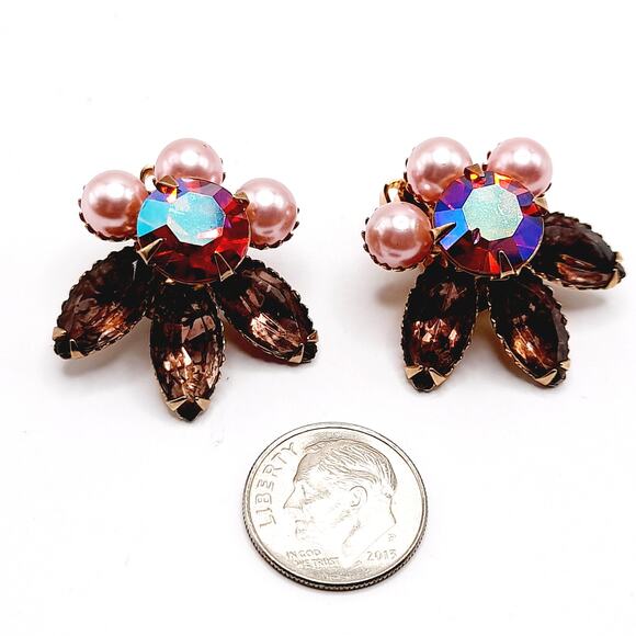 Vintage AB Rhinestone Pink Pearl Earrings Gold Tone Clip On Costume Jewelry - Picture 6 of 7